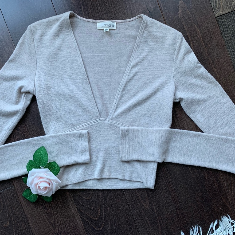 Wilfred Plunging V-Neck Long Sleeve Beige Crop Top